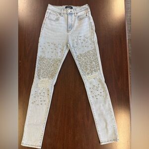 AKIRA Light Blue Rhinestone Distressed Embellished Skinny Jeans